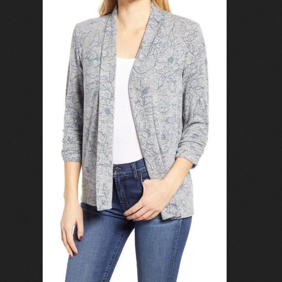 SWEATER SALE 3/$30 Bobeau Grey & Denim Floral Hacci Open Cardigan Size Small - Picture 1 of 6